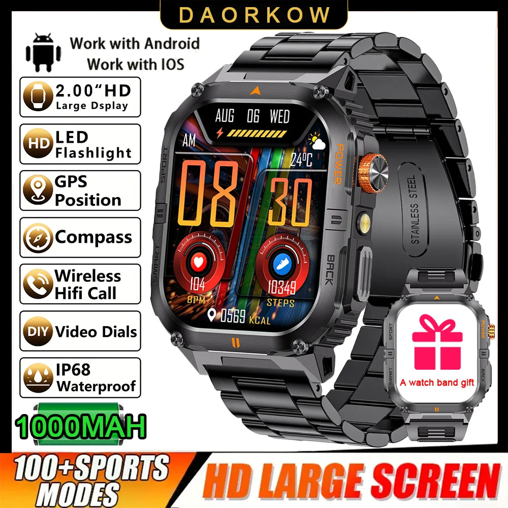 New 1000mAh military outdoor smartwatch for men, LED flashlight, IP68 waterproof, GPS sports, 2.01-inch Bluetooth call smartwatc