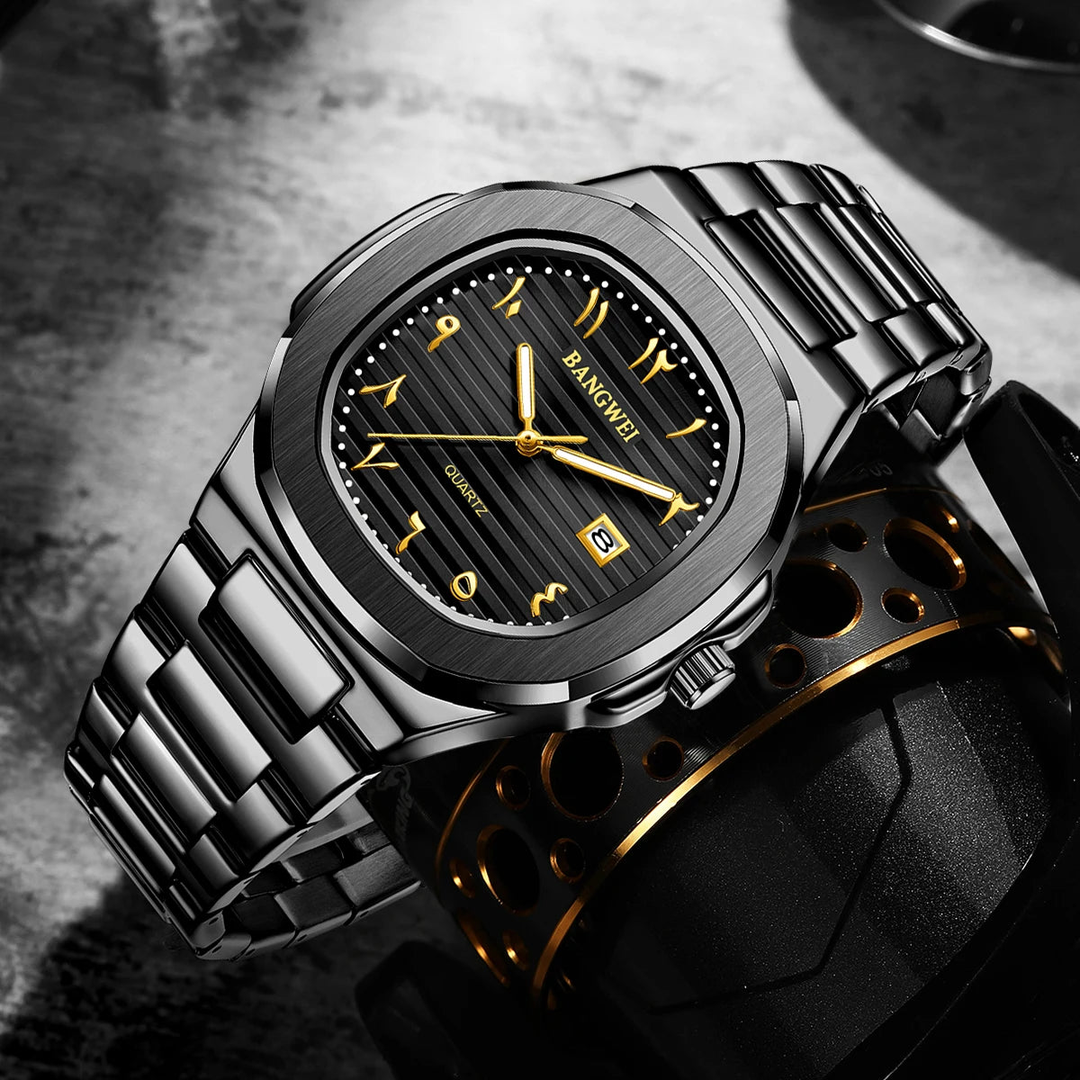LIGE Fashion Luxury Business Square Quartz Watches Classic Stripe Design Dial with Stainless Steel Band Wristwatch for Men Relog