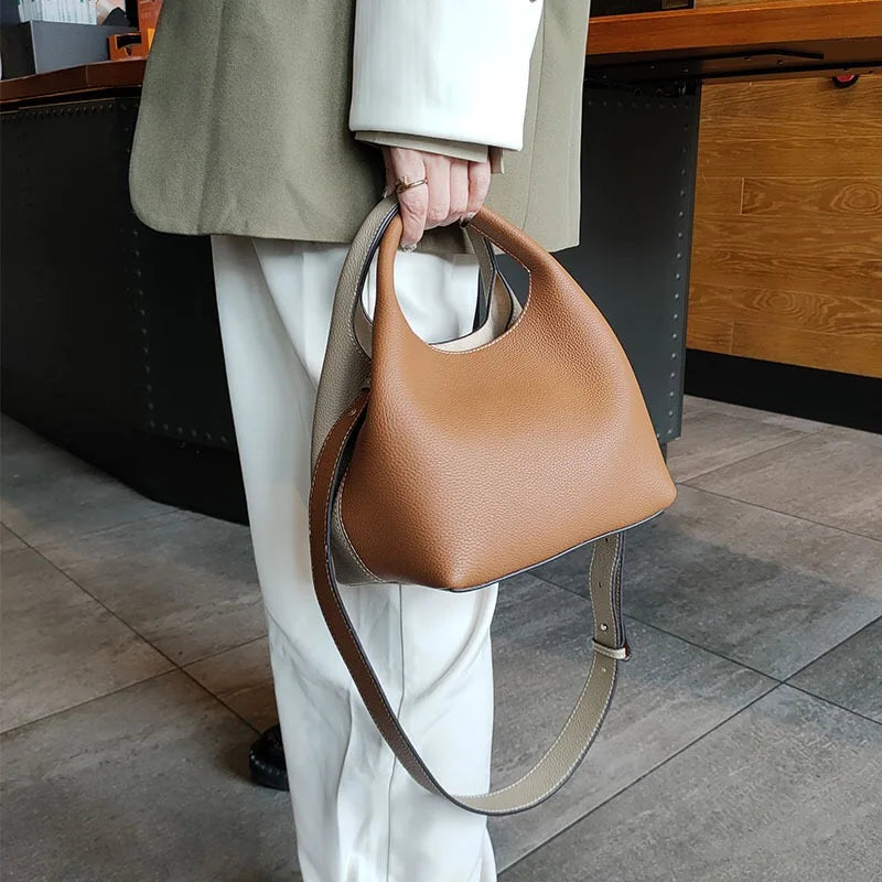 2025 fashion Bucket Basket Bags Cowhide Leather patchwork tote high quality women Handbag shoulder crossbody bag Large capacity