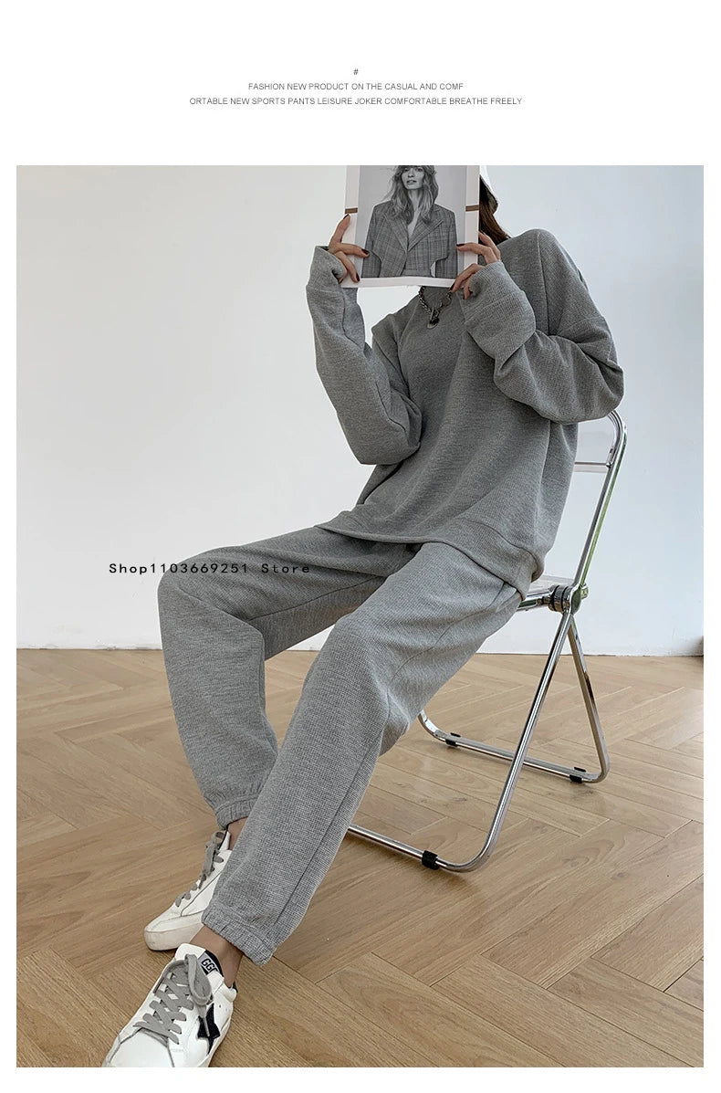 New Round Neck Running Set Long Sleeved Long Pants 2-piece Set Women's Waffle Sports Hoodie Top Men's Women's Fitness Sports Set
