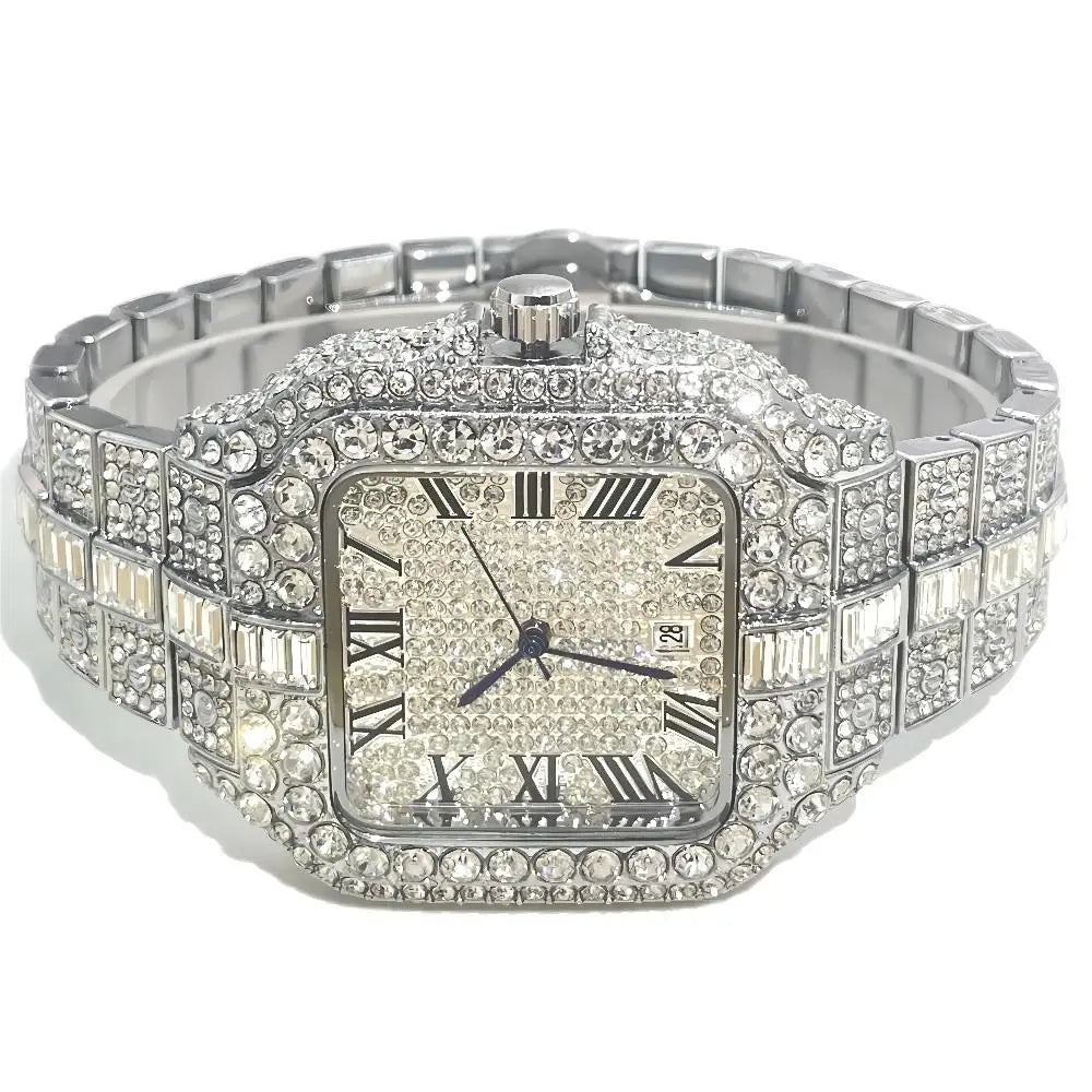 Luxury Diamond Watch for Men Hip Hop Style Bling Bling Iced Out Wristwatch Fashion Square Stainless Steel Waterproof Clock 2024