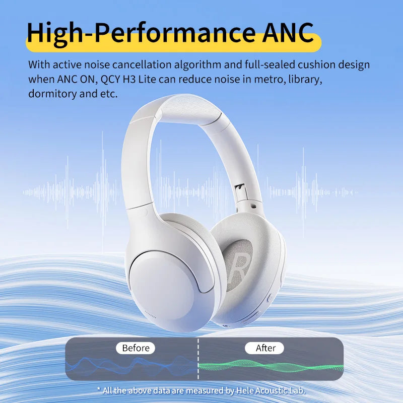QCY H3 Lite ANC Wireless Headphones 40mm Driver Bluetooth 5.3 Earphones Active Noise Cancellation Over Ear Headset Clear HD Call