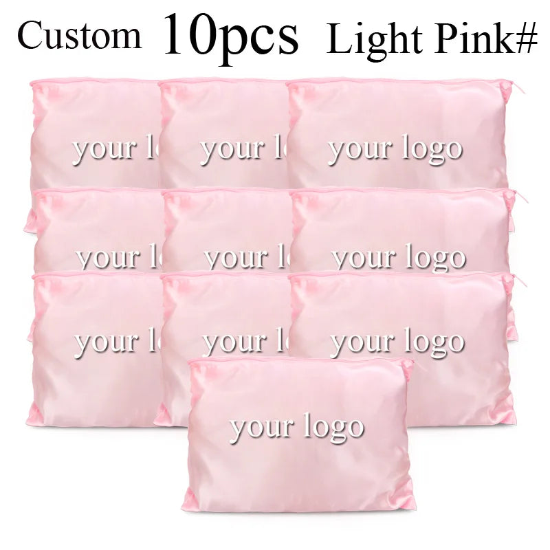 10Pcs Hair Bags With Zipper For Bundles Packaging Satin Wig Bags 25*35Cm Big Size Satin Silk Hair Packaging Bag Logo Customize