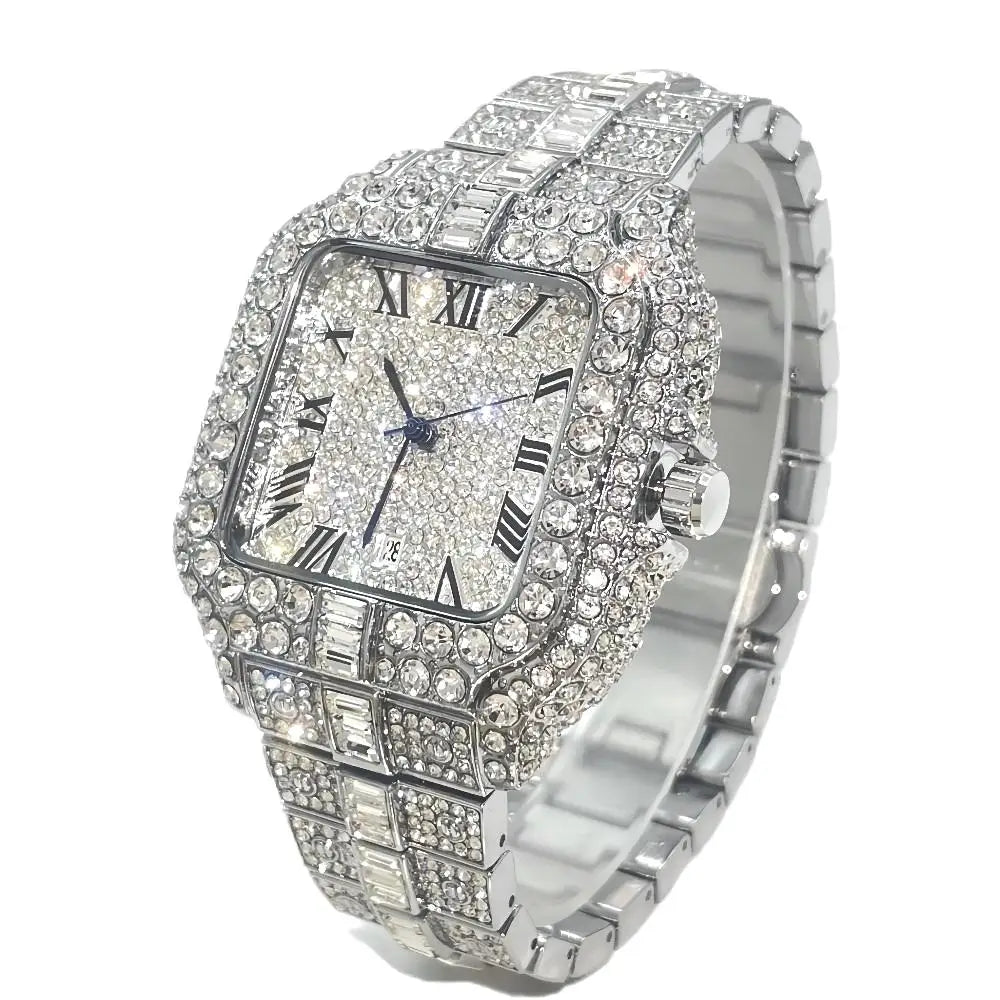 Luxury Diamond Watch for Men Hip Hop Style Bling Bling Iced Out Wristwatch Fashion Square Stainless Steel Waterproof Clock 2024