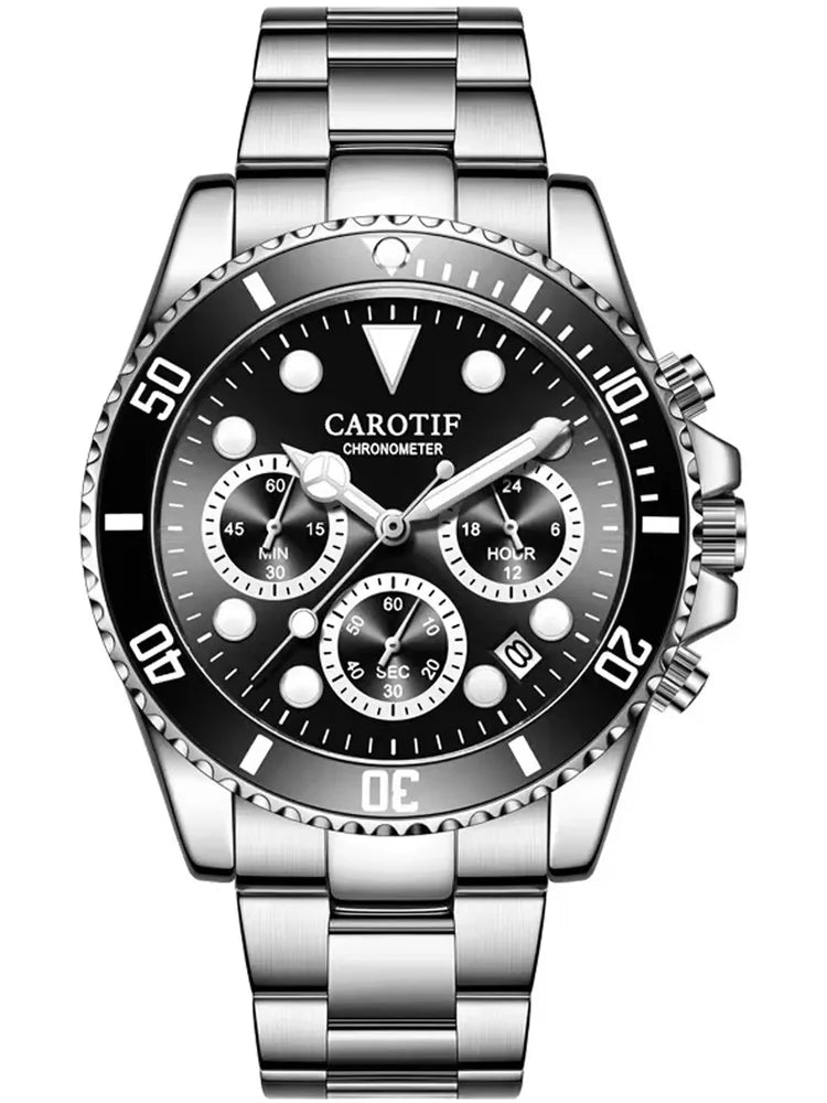 1pc Men's Fashion Watch with Stainless Steel Strap, Black Dial, Chronograph Function, Rotating Bezel