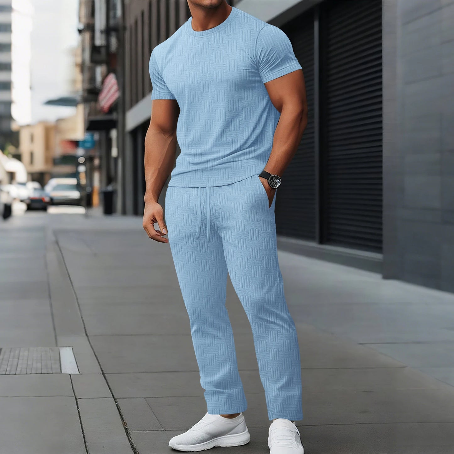 Mens Textured Tracksuit Set Crew Neck T Shirt and Long Pants 2025 New Casual Sportswear Outfits