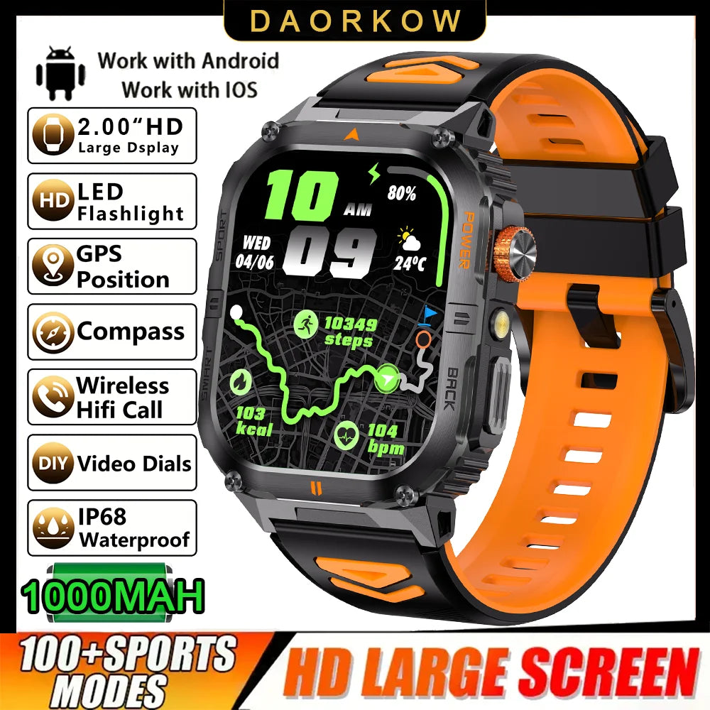 New 1000mAh military outdoor smartwatch for men, LED flashlight, IP68 waterproof, GPS sports, 2.01-inch Bluetooth call smartwatc