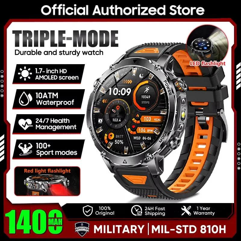 New 2026 Military 1400mAh Battery Smart Watch Men Outdoor Flashlight 10ATM Waterproof Heart Rate Bluetooth Call Sports Bracelets