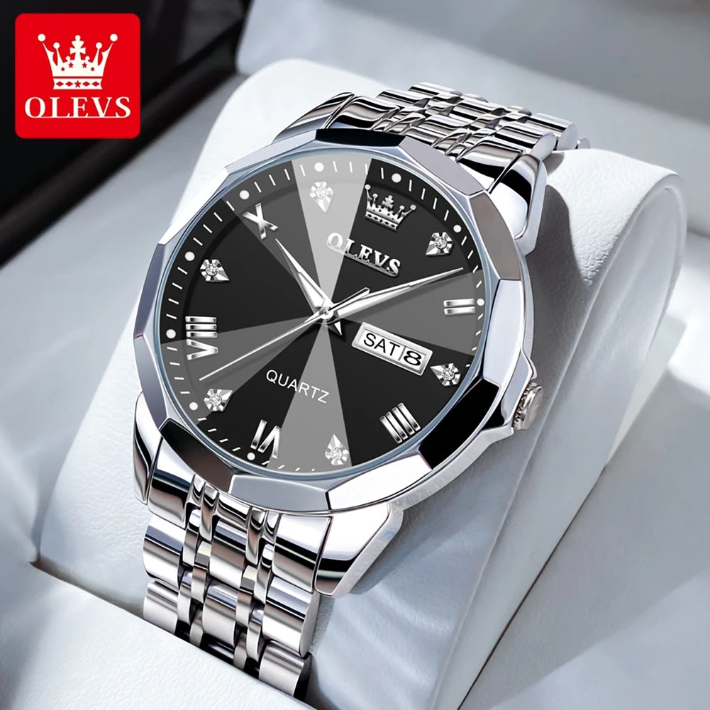 OLEVS Men Watches Smart Casual Top Brand Stainless Steel Original Quartz Wristwatch Rhombus Mirror Waterproof Date Week Luminous