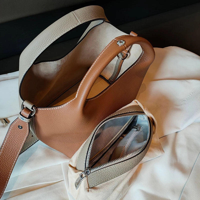 2025 fashion Bucket Basket Bags Cowhide Leather patchwork tote high quality women Handbag shoulder crossbody bag Large capacity