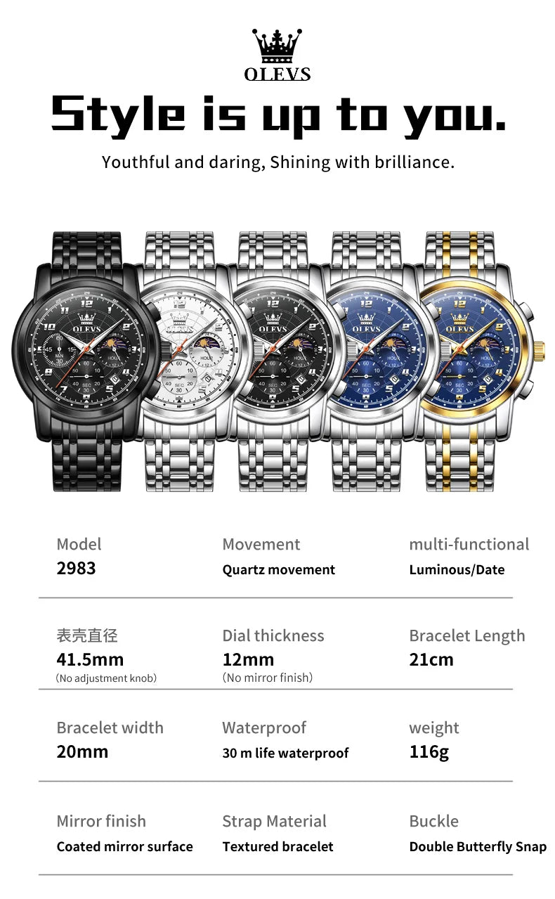 OLEVS 2983 New Quartz Men's Wristwatches Digital Intelligent Style Literal Steel Strap Waterproof Moon Phase Chronograph Watch