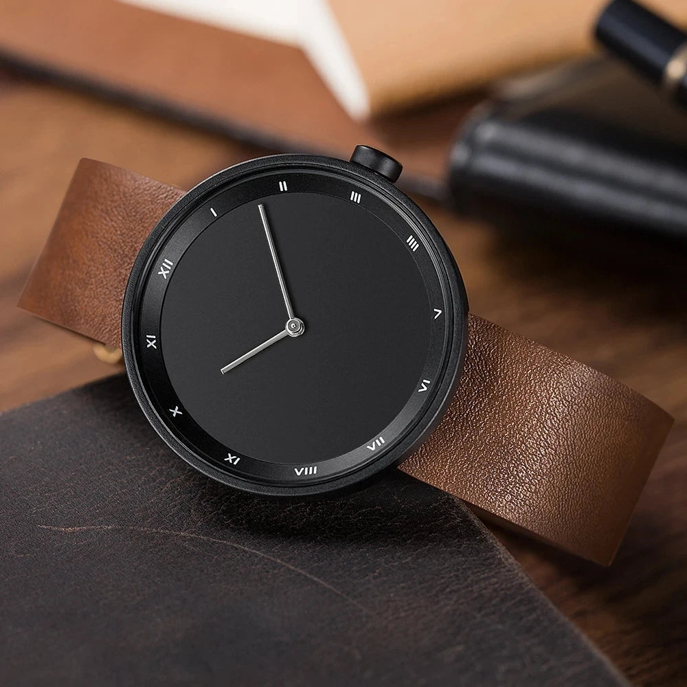 UTHAI Men's Watch Simple Waterproof Trendy Brand Thin Leather Strap Black Male Fashion Quartz Clock Watches