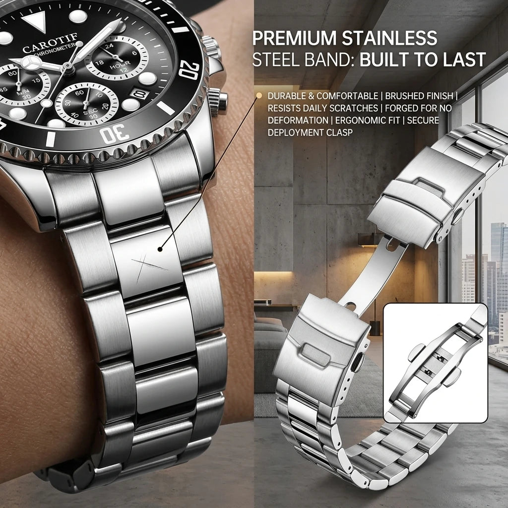 1pc Men's Fashion Watch with Stainless Steel Strap, Black Dial, Chronograph Function, Rotating Bezel