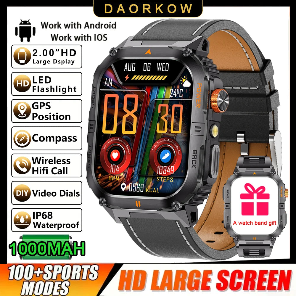 New 1000mAh military outdoor smartwatch for men, LED flashlight, IP68 waterproof, GPS sports, 2.01-inch Bluetooth call smartwatc