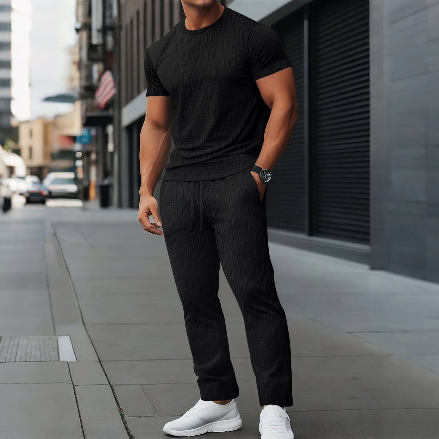 Mens Textured Tracksuit Set Crew Neck T Shirt and Long Pants 2025 New Casual Sportswear Outfits