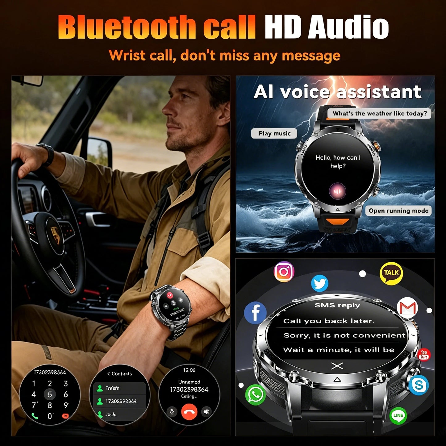 New 2026 Military 1400mAh Battery Smart Watch Men Outdoor Flashlight 10ATM Waterproof Heart Rate Bluetooth Call Sports Bracelets