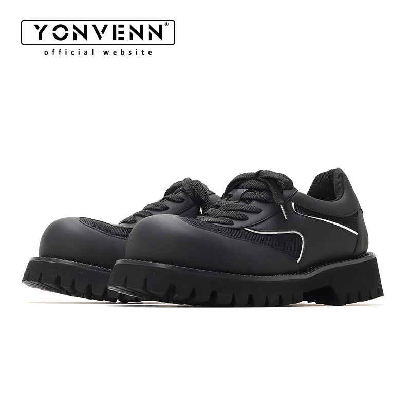 Sports leather shoes for men lightweight mesh splicing genuine leather black thick sole height increasing big head work shoes