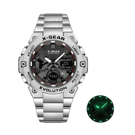Men's watch, long-lasting battery, with timer and alarm functions, rotating windmill design, stainless steel strap
