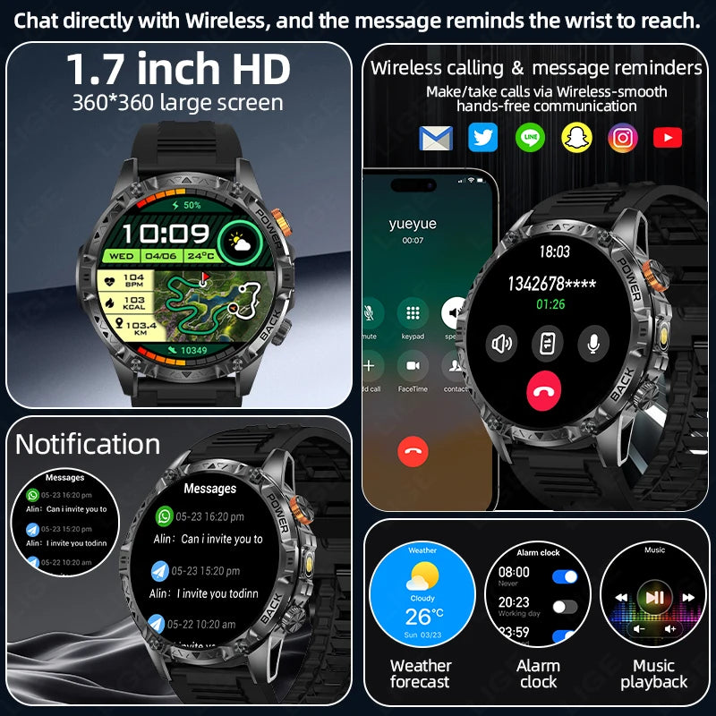Military Grade Outdoor Smart Watch Men 2026 Sport Fitness Tracker 1000mah Watch Waterproof Flashlight Bluetooth Call Smartwatch