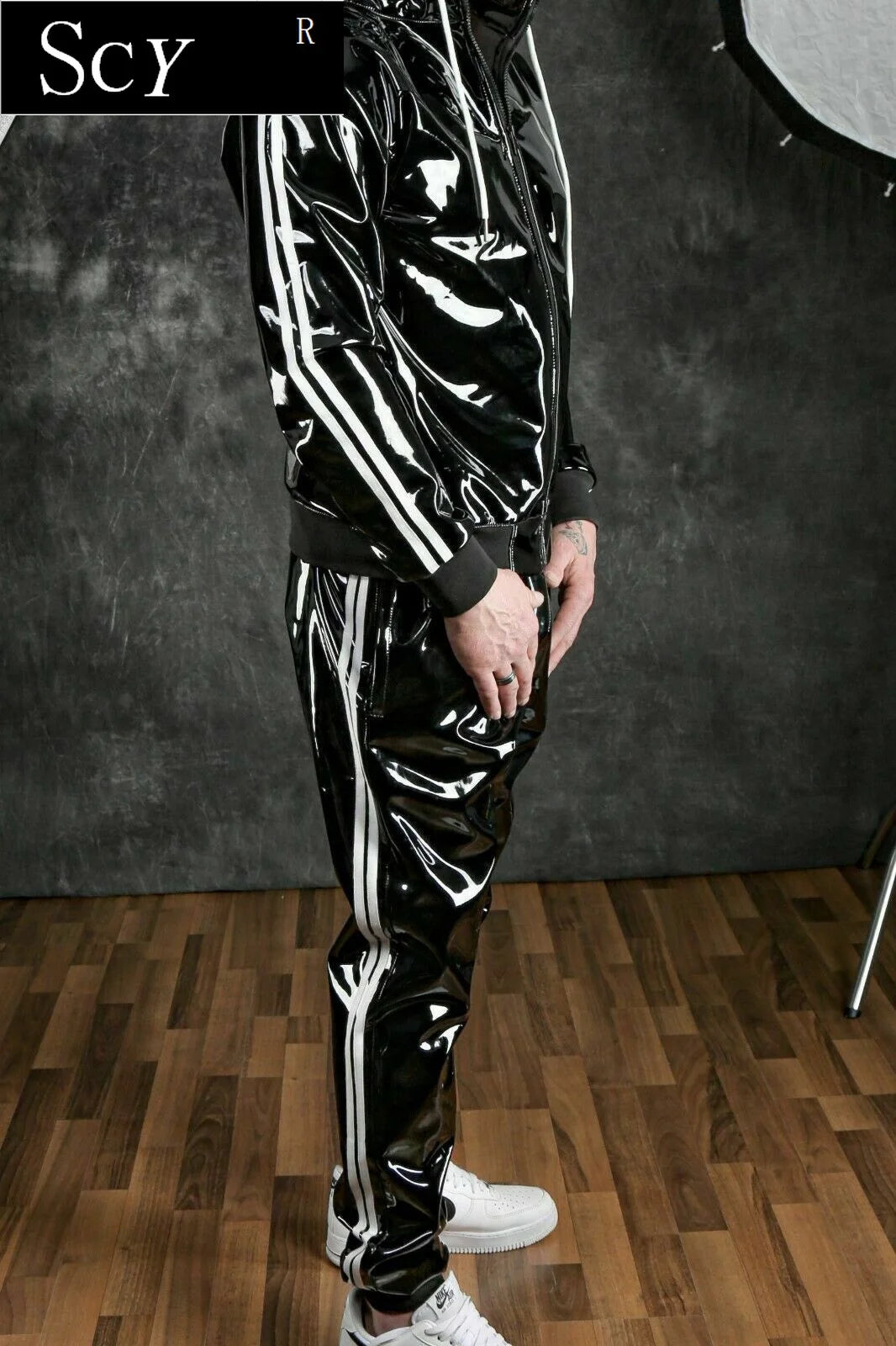 Men's and women's PU leather Hoodie suit leisure sportswear Hoodie jogging suit sportswear men's suit bright leather sportswear