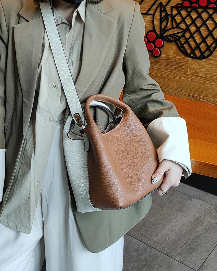 2025 fashion Bucket Basket Bags Cowhide Leather patchwork tote high quality women Handbag shoulder crossbody bag Large capacity