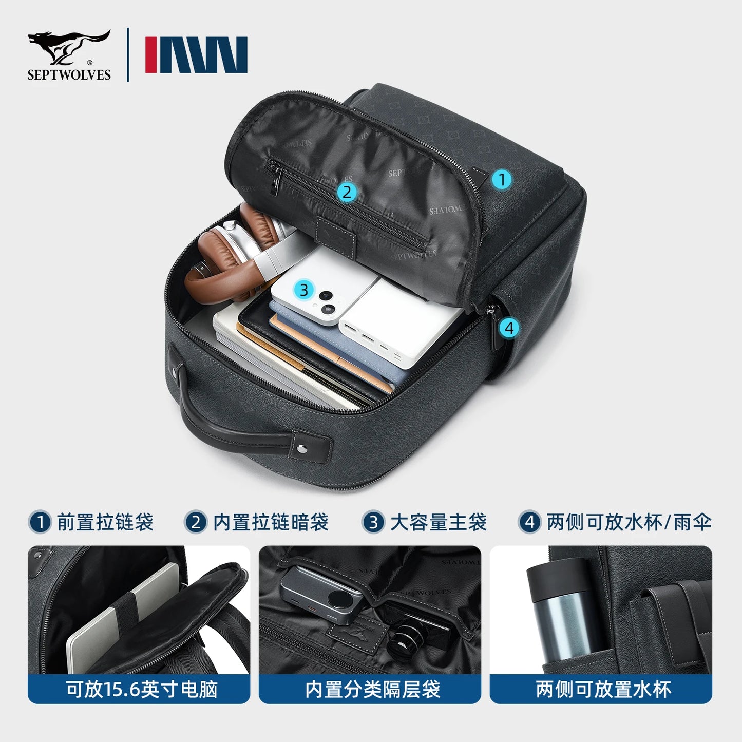 Septwolves Luxury Leather Backpack for Men Monogram Printed Stylish Laptop Backpack 15 Inch Travel Bag Black Business Backpack