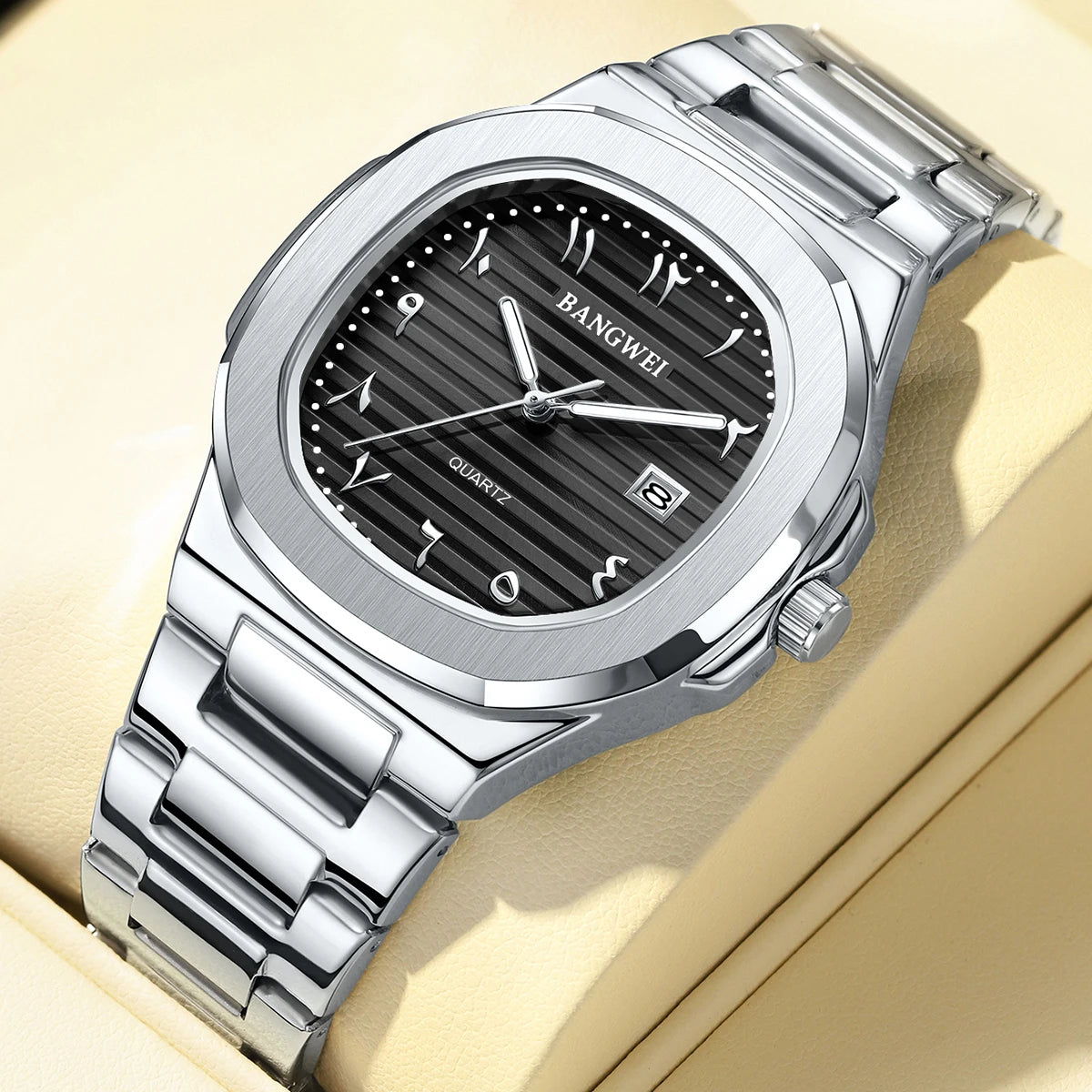 LIGE Fashion Luxury Business Square Quartz Watches Classic Stripe Design Dial with Stainless Steel Band Wristwatch for Men Relog
