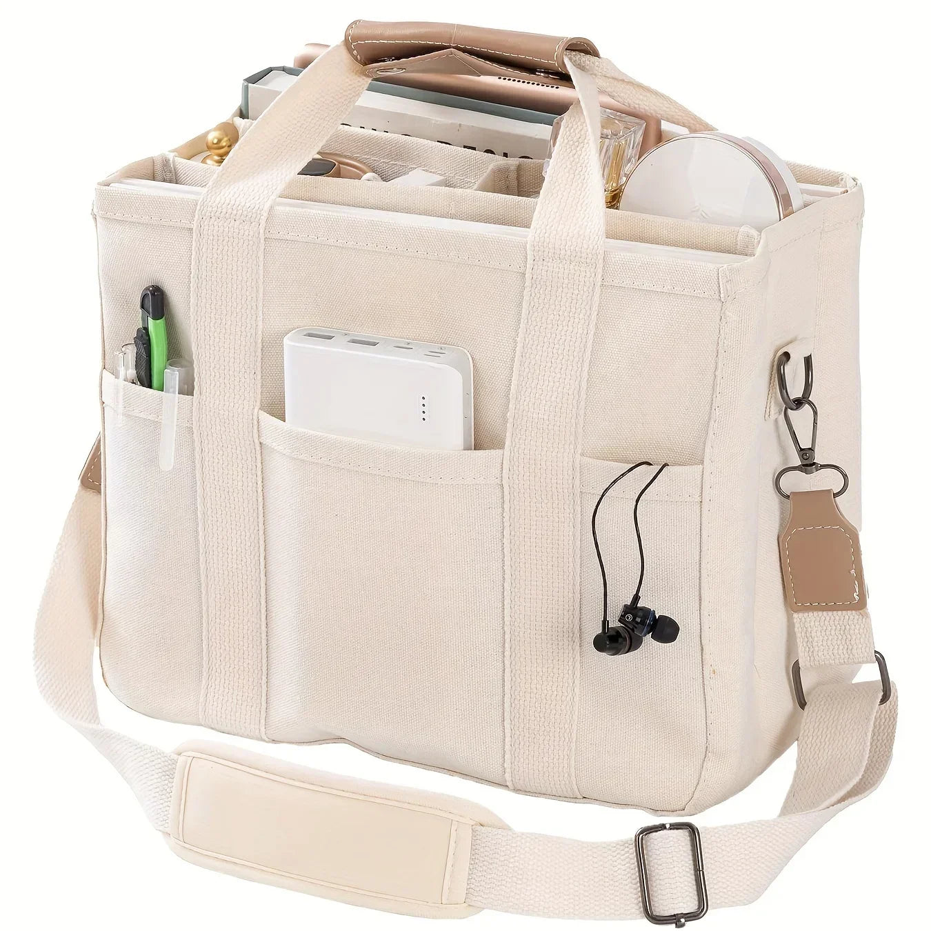 Ladies Canvas Handbag Multi Pocket Large Capacity Tote Bag Adjustable Shoulder Strap Casual Shoulder Shopping Bag