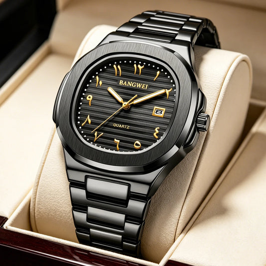 LIGE Fashion Luxury Business Square Quartz Watches Classic Stripe Design Dial with Stainless Steel Band Wristwatch for Men Relog