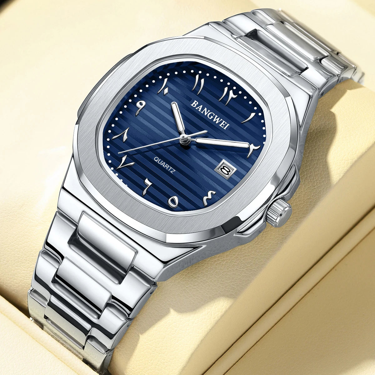 LIGE Fashion Luxury Business Square Quartz Watches Classic Stripe Design Dial with Stainless Steel Band Wristwatch for Men Relog