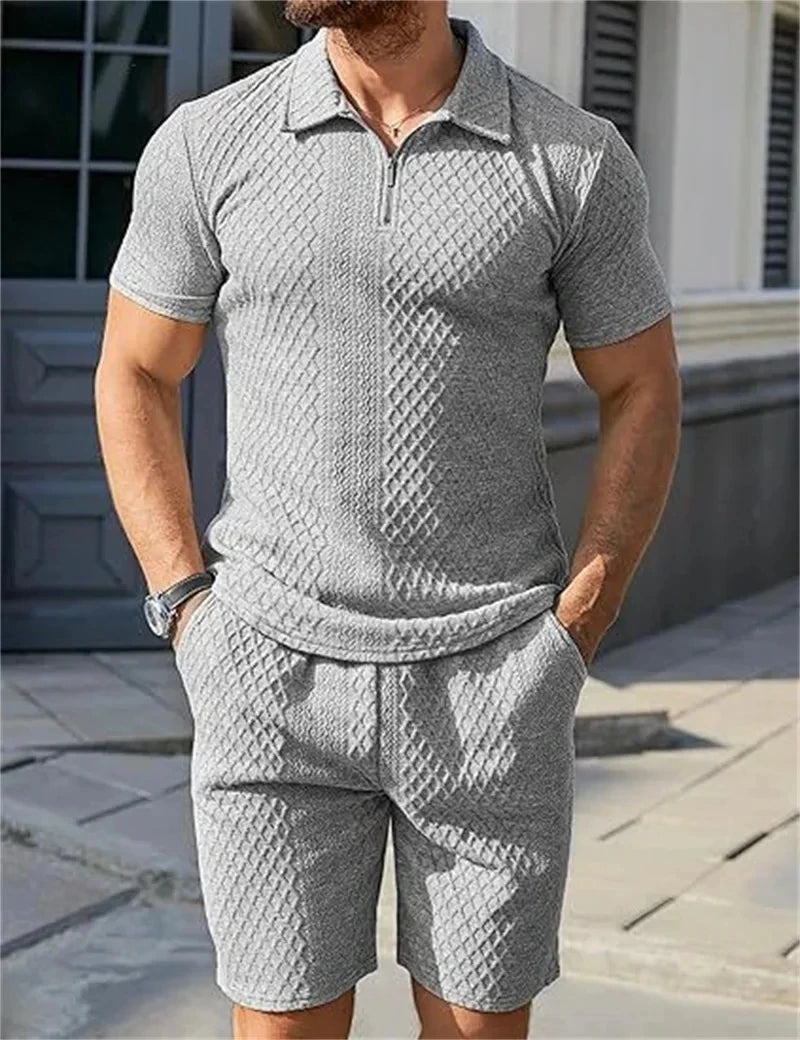 New summer Men Suit Fashion Men's tracksuit Jacquard Half Zip Short Sleeve Polo Shirt+Shorts 2 PCS Sets Men Casual Sports Suit