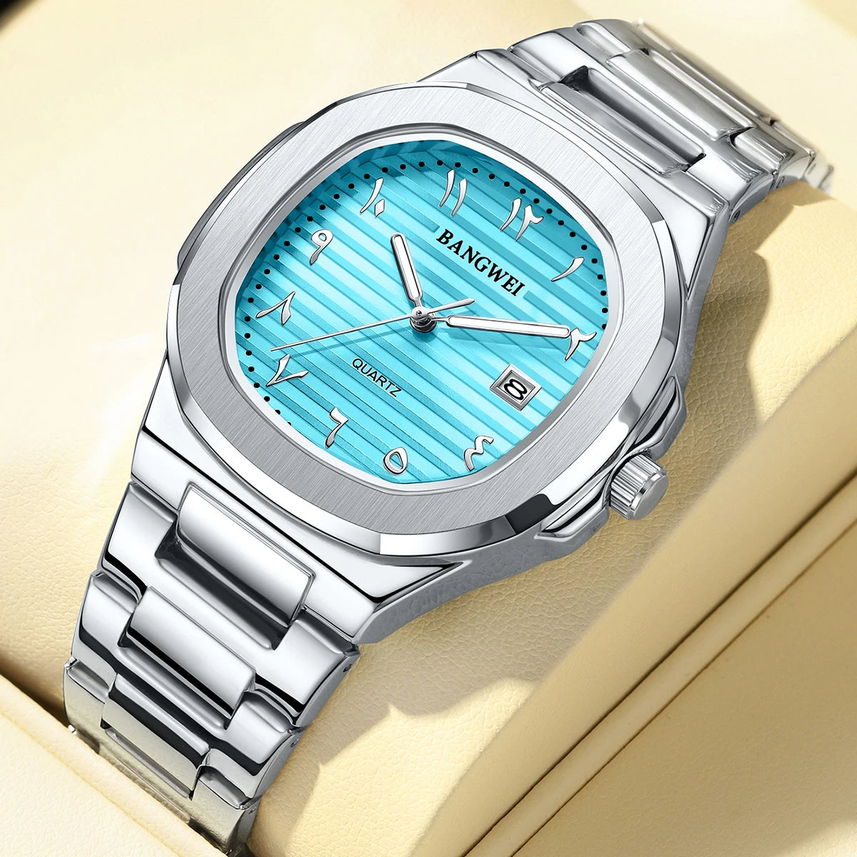 LIGE Fashion Luxury Business Square Quartz Watches Classic Stripe Design Dial with Stainless Steel Band Wristwatch for Men Relog