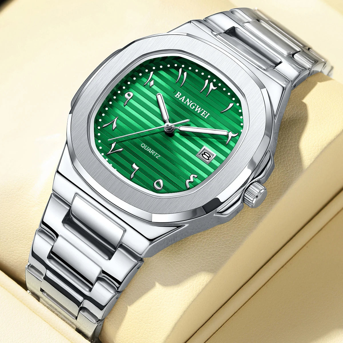 LIGE Fashion Luxury Business Square Quartz Watches Classic Stripe Design Dial with Stainless Steel Band Wristwatch for Men Relog
