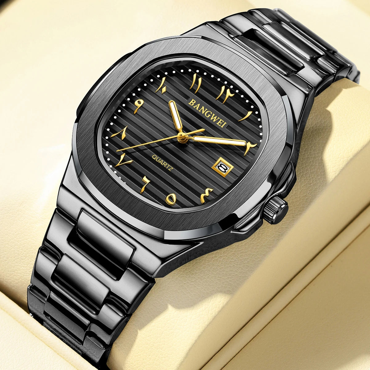 LIGE Fashion Luxury Business Square Quartz Watches Classic Stripe Design Dial with Stainless Steel Band Wristwatch for Men Relog