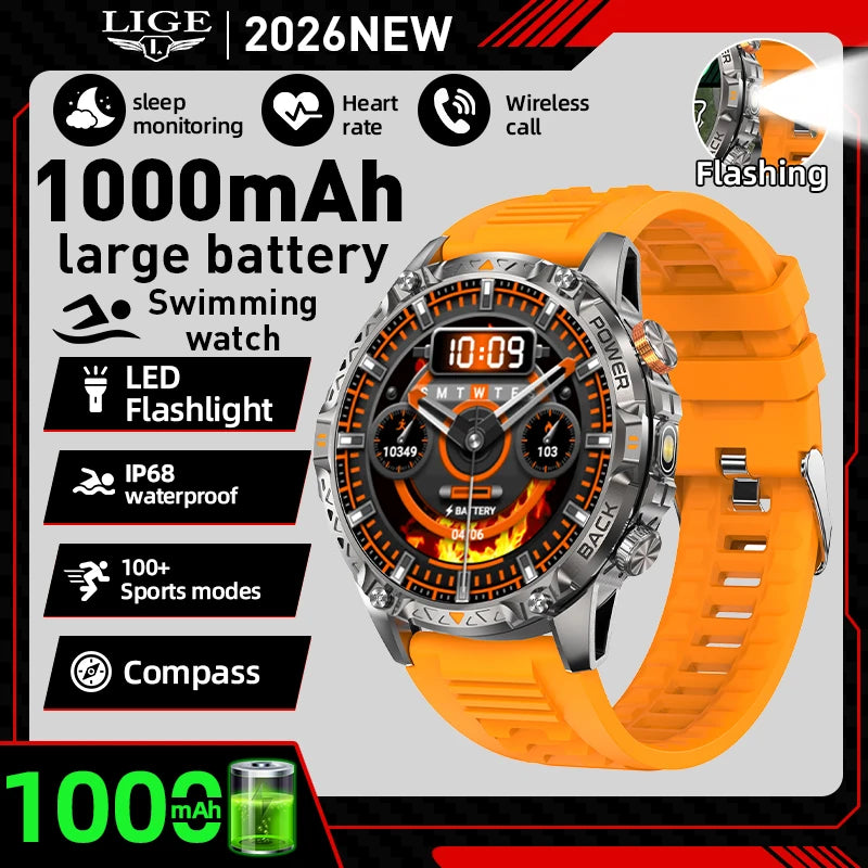 Military Grade Outdoor Smart Watch Men 2026 Sport Fitness Tracker 1000mah Watch Waterproof Flashlight Bluetooth Call Smartwatch