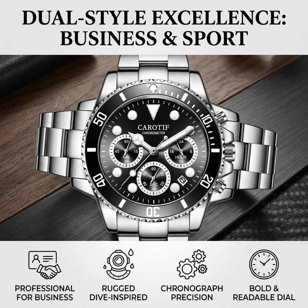 1pc Men's Fashion Watch with Stainless Steel Strap, Black Dial, Chronograph Function, Rotating Bezel