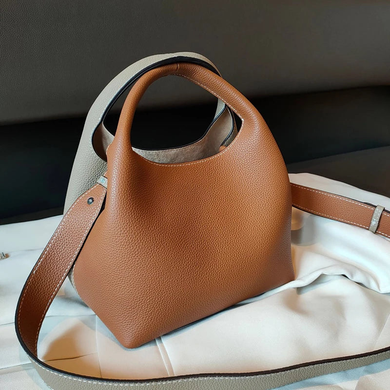 2025 fashion Bucket Basket Bags Cowhide Leather patchwork tote high quality women Handbag shoulder crossbody bag Large capacity