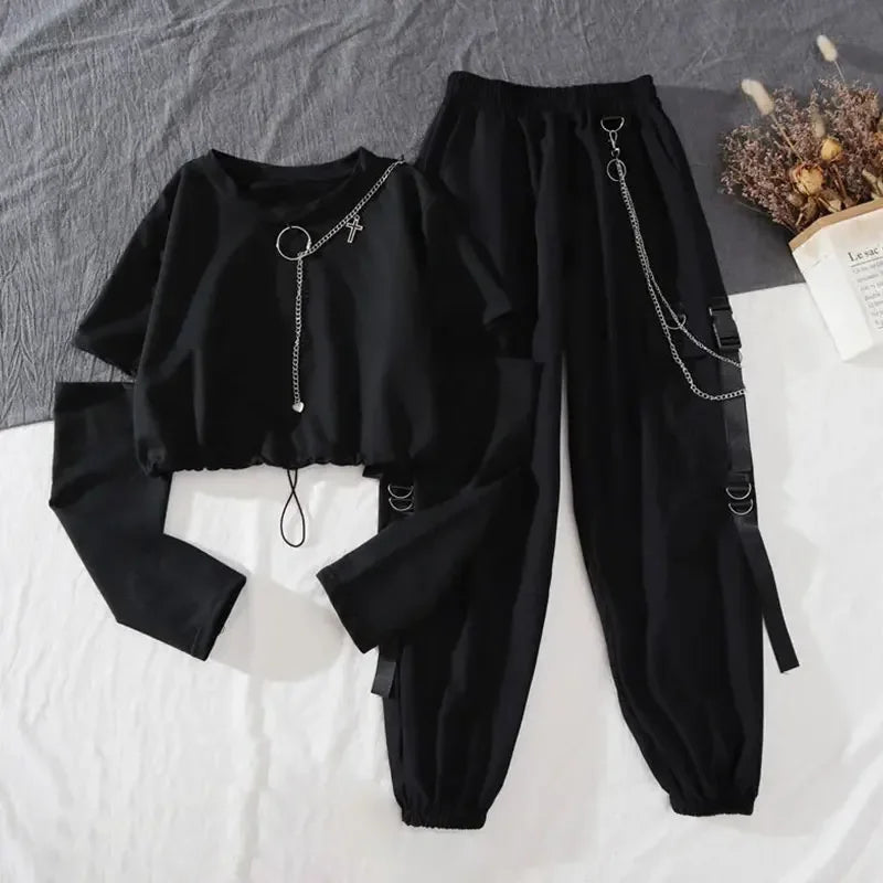 Tracksuit Removable Sleeve with Chain Top Handsome Casual Waistband Cargo Pants 2 Piece Sets Women's Outfits Spring Summer Suits