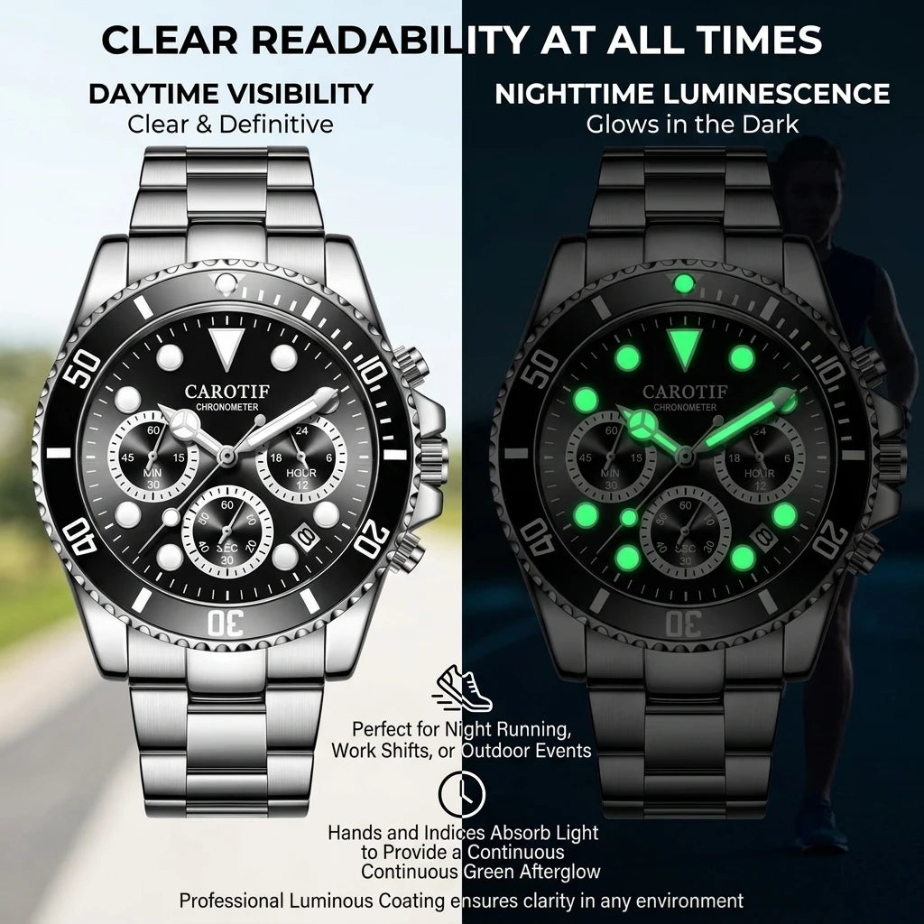 1pc Men's Fashion Watch with Stainless Steel Strap, Black Dial, Chronograph Function, Rotating Bezel