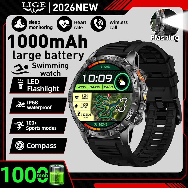 Military Grade Outdoor Smart Watch Men 2026 Sport Fitness Tracker 1000mah Watch Waterproof Flashlight Bluetooth Call Smartwatch