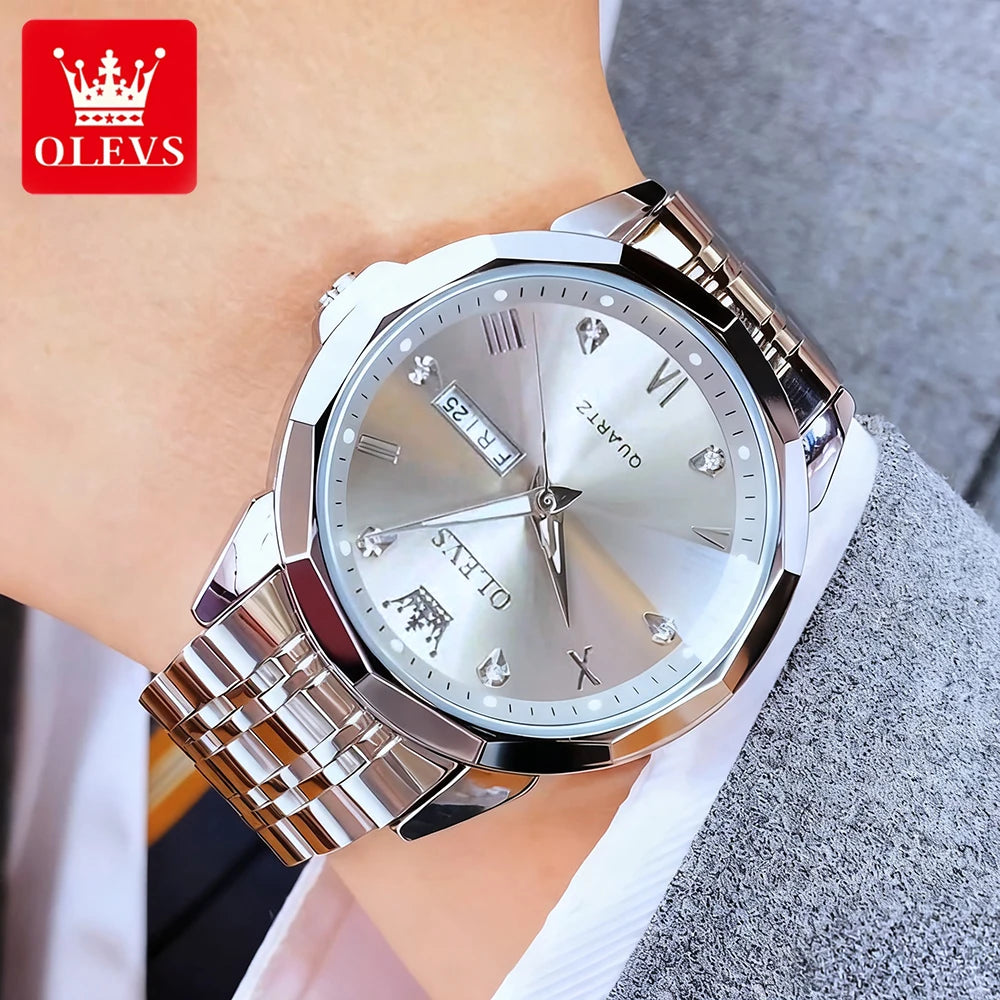 OLEVS Men Watches Smart Casual Top Brand Stainless Steel Original Quartz Wristwatch Rhombus Mirror Waterproof Date Week Luminous