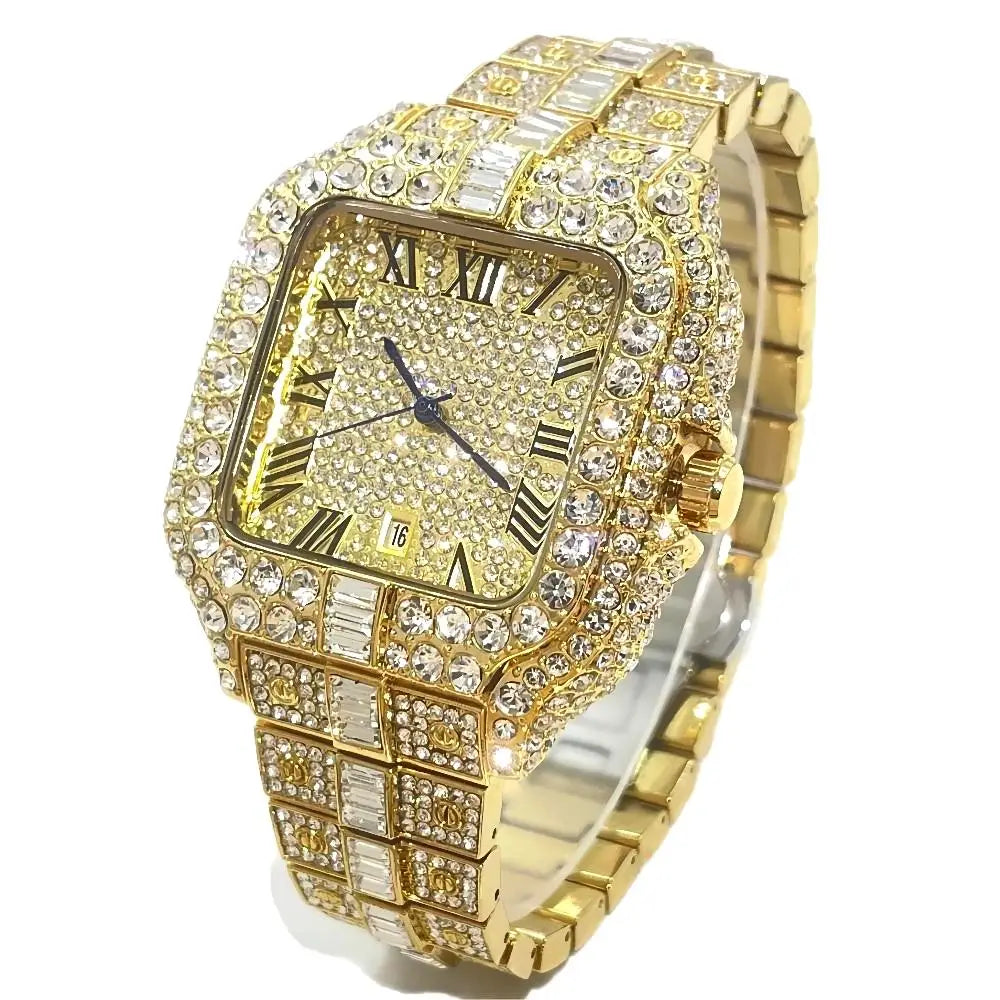 Luxury Diamond Watch for Men Hip Hop Style Bling Bling Iced Out Wristwatch Fashion Square Stainless Steel Waterproof Clock 2024