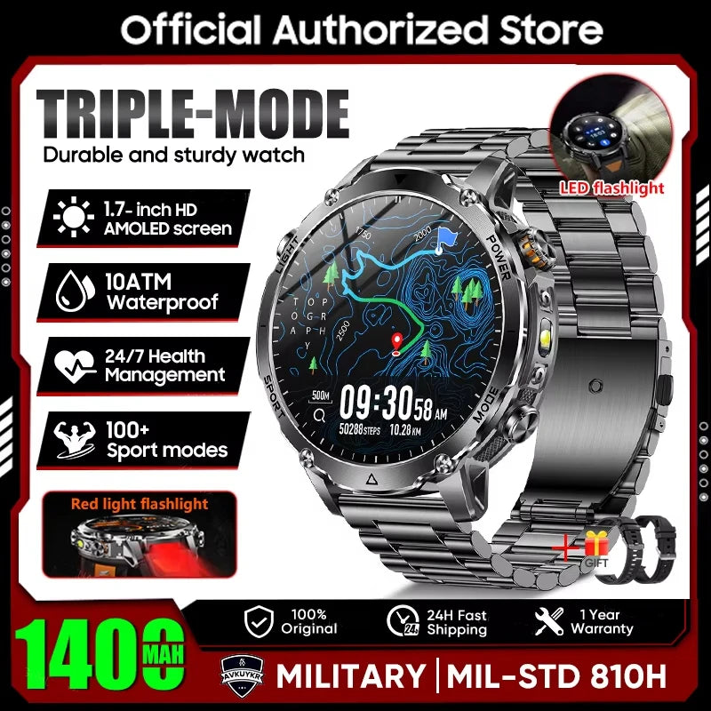 New 2026 Military 1400mAh Battery Smart Watch Men Outdoor Flashlight 10ATM Waterproof Heart Rate Bluetooth Call Sports Bracelets