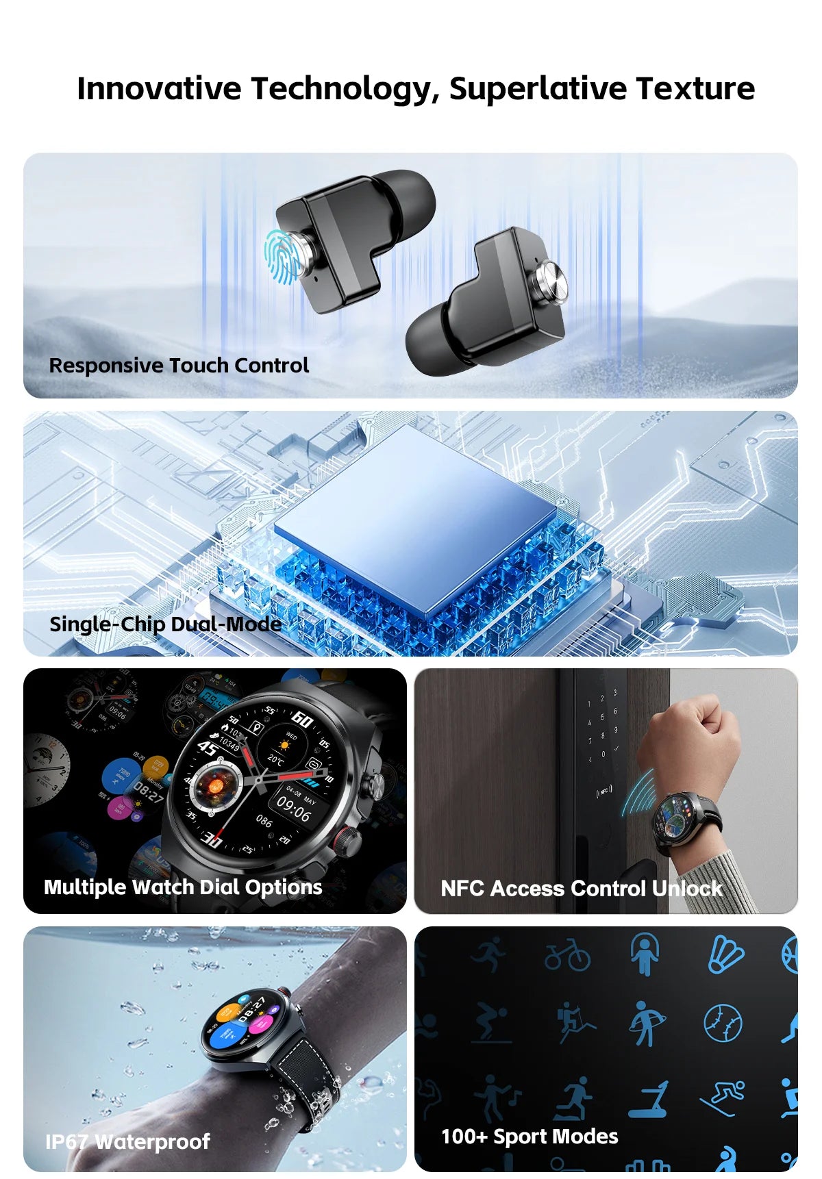 2026 2-in-1 Smart Watch With Earbuds NFC Smartwatch TWS Bluetooth Earphone Heart Rate Blood Pressure Monitor Sport Fitness Watch