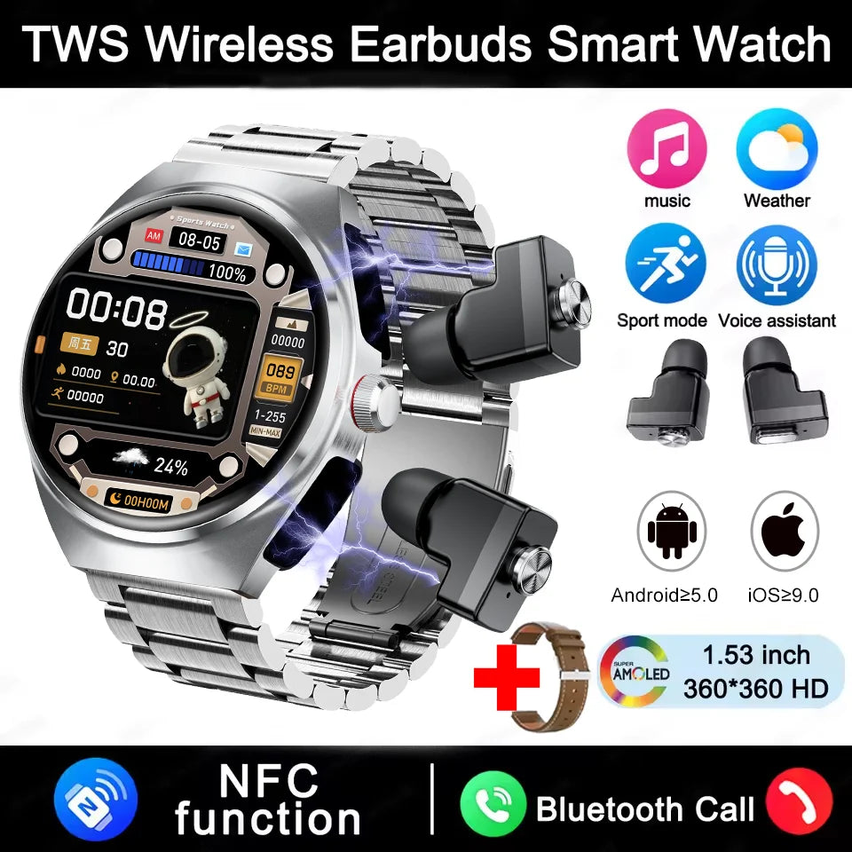 2026 2-in-1 Smart Watch With Earbuds NFC Smartwatch TWS Bluetooth Earphone Heart Rate Blood Pressure Monitor Sport Fitness Watch