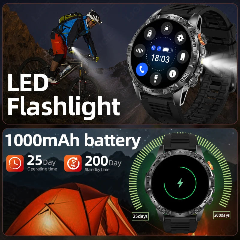 Military Grade Outdoor Smart Watch Men 2026 Sport Fitness Tracker 1000mah Watch Waterproof Flashlight Bluetooth Call Smartwatch