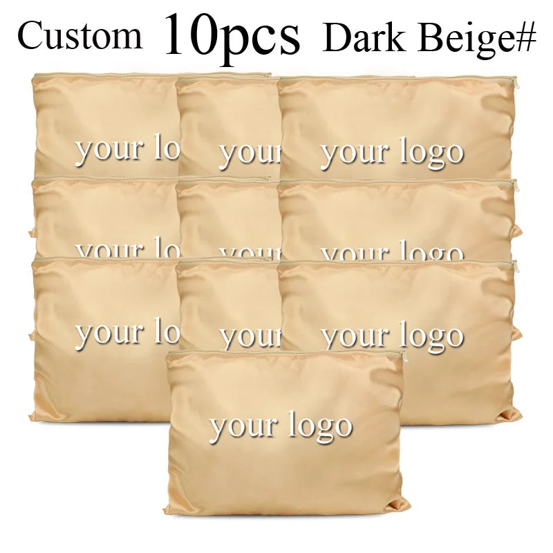 10Pcs Hair Bags With Zipper For Bundles Packaging Satin Wig Bags 25*35Cm Big Size Satin Silk Hair Packaging Bag Logo Customize