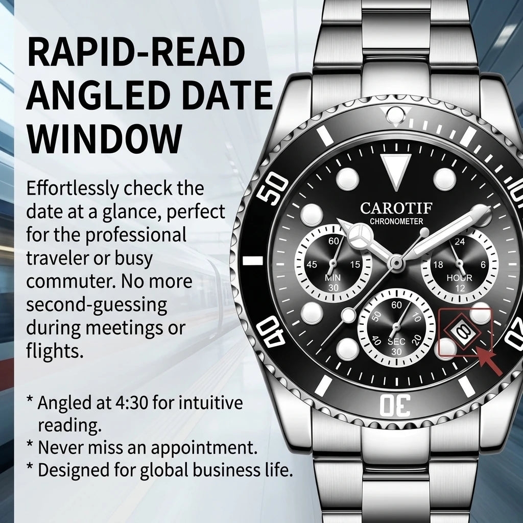 1pc Men's Fashion Watch with Stainless Steel Strap, Black Dial, Chronograph Function, Rotating Bezel