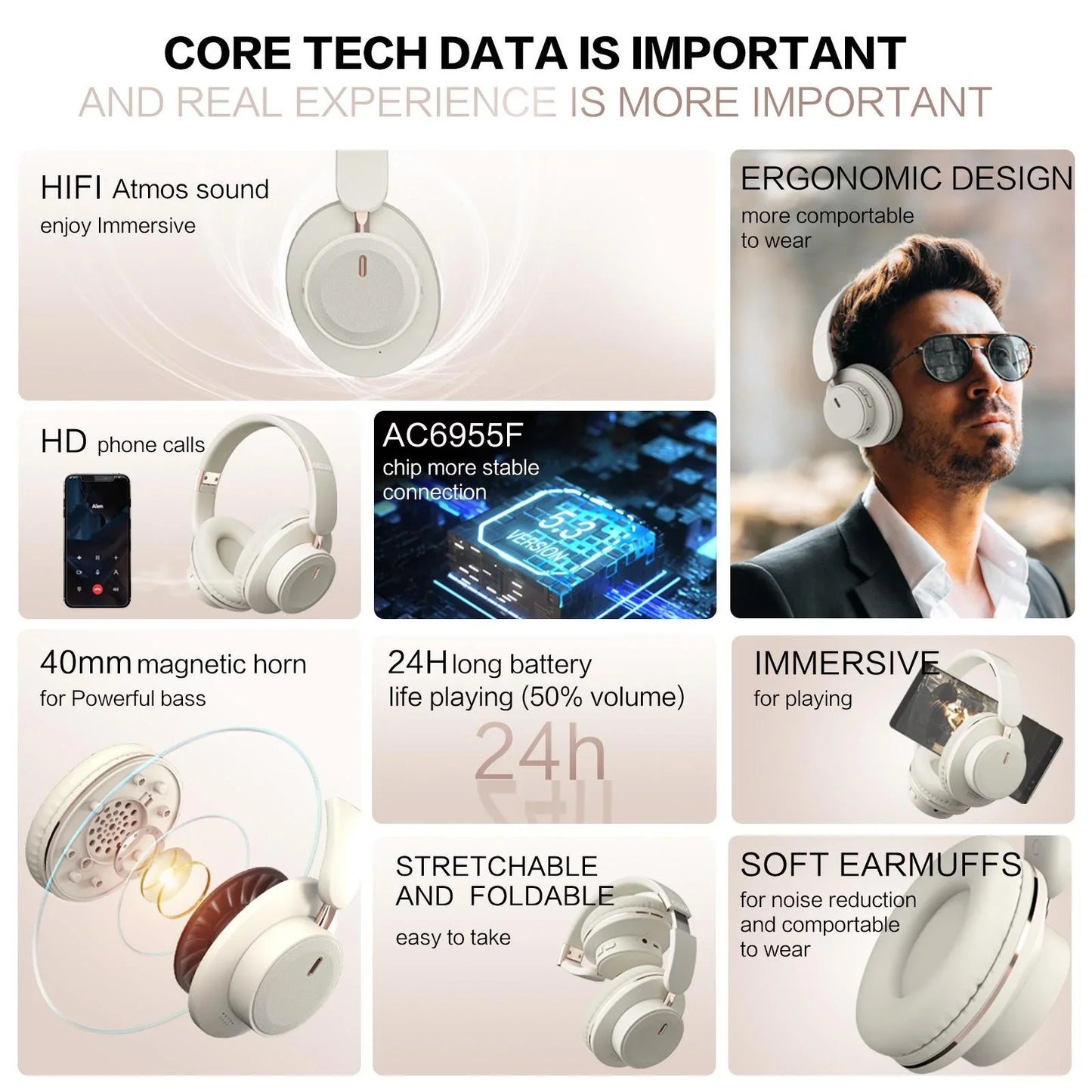 Portable Foldable Wireless Headphones High Resolution Sound Noise Cancellation Comfortable All Day Wear